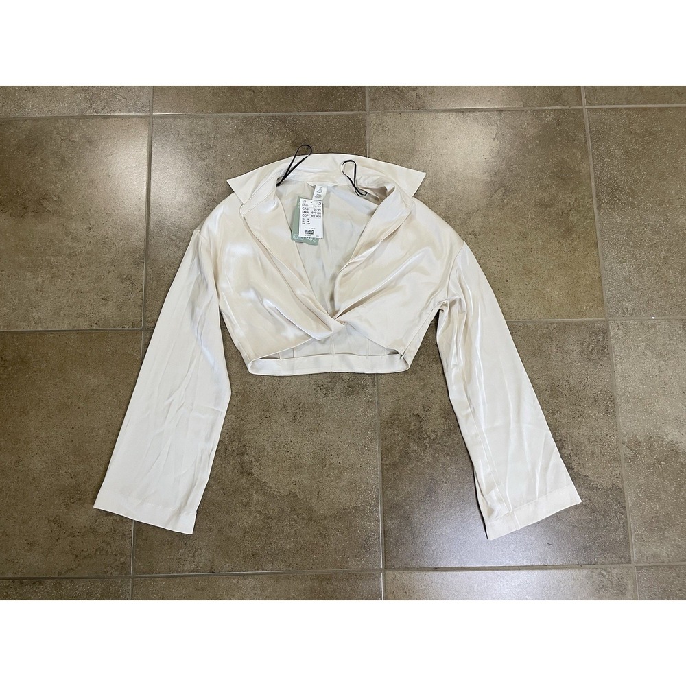 ZARA White Satin Womens Sz S Twist Front Long Sleeve Round Neck Blouse Regular